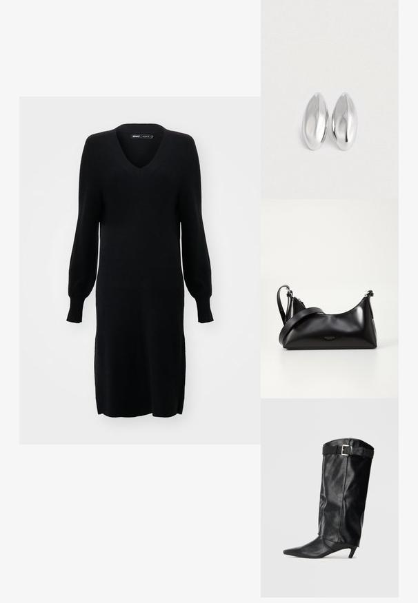 Schwarzes Strickkleid mit V-Ausschnitt, langen Ballonärmeln und seitlichen Schlitzen. Der Stoff hat eine weiche Textur und eine lockere Silhouette.; Schwarzer, lederner Knöchelhoher Stiefel mit spitzer Zehe und kleinem Absatz. Verfügt über einen Gürtel am oberen Ende mit einer silbernen Schnalle. Glatte Textur.; Schwarze lederne Handtasche mit glatter Textur. Verfügt über einen verstellbaren Riemen und ein elegantes, minimalistisches Design mit einem Reißverschluss.; Ein Paar glatte, glänzende silberne ovalförmige Objekte, die nebeneinander auf einem schlichten weißen Hintergrund platziert sind.
