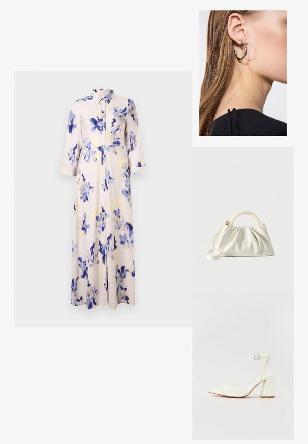 Bloemen lange jurk met blauwe en gele bloesems op een lichte achtergrond, met een knoopsluiting aan de voorkant en een kraag.; Witte hakken sandaal met een puntige neus, verstelbaar enkelbandje en een stevige vierkante hak. Gladde textuur met minimale stiksels.; Kleine witte handtas met een gerimpeld lichaam, ronde handgreep versierd met parels en een afneembare schouderriem tegen een effen achtergrond.; Zilveren oorbel met een gepolijste afwerking, met kleine gouden accentdetails en een ronde vorm, gedragen op de oorlel.