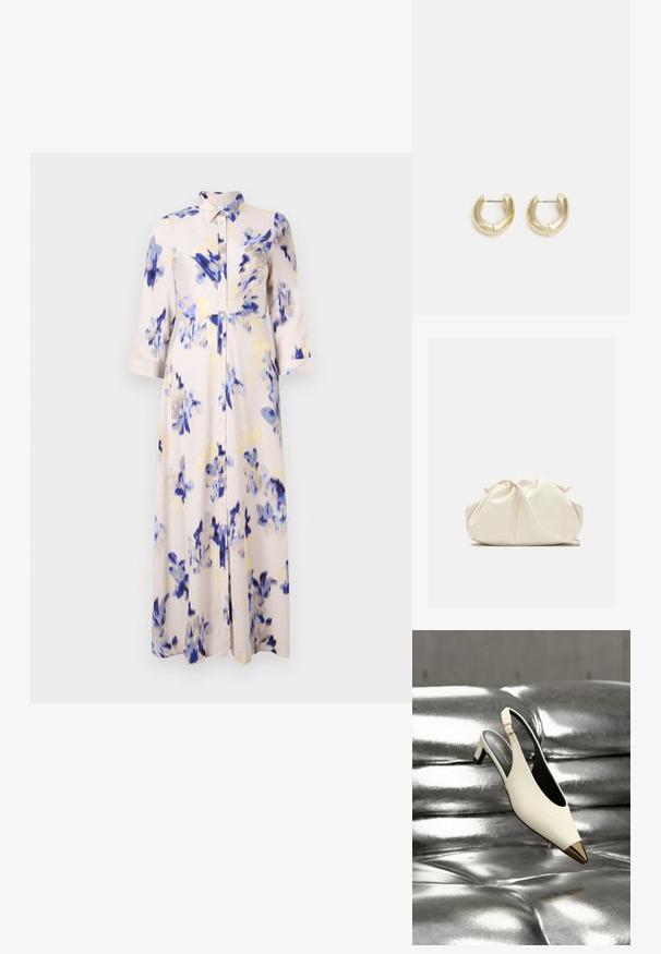 Ein florales langes Kleid mit blauen und gelben Blumendrucken auf einem hellen Hintergrund, mit geknöpftem Frontverschluss und kragenförmigem Ausschnitt.; Weißer Slingback-Pumps mit goldener, spitzer Zehenkappe, präsentiert auf einer glänzenden, silbernen, gesteppten Metalloberfläche.; Weiche, cremefarbene Leder-Clutch mit gerafftem Design und einem dünnen Schulterriemen, der vorne auf einem schlichten Hintergrund liegt.; Goldfarbene Creolen mit einer glatten, polierten Oberfläche. Sie haben eine halbkreisförmige Form und einen sicheren Stiftverschluss.