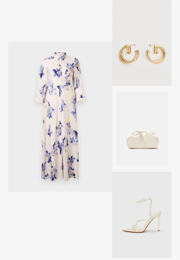 Bloemen lange jurk met blauwe en gele bloesems op een lichte achtergrond, met een knoopsluiting aan de voorkant en een kraag.; Beige sandalen met hoge hak en een puntige neus, voorzien van drie voorste bandjes en een dunne enkelband met een gesp. Gladde textuur, minimalistisch ontwerp.; Zachte, crèmekleurige leren clutch met geplooid, gerimpeld ontwerp en een dunne schouderriem die vooraan op een effen achtergrond ligt.; Set glanzende gouden dubbele lus oorbellen met stekertjes op een witte achtergrond.