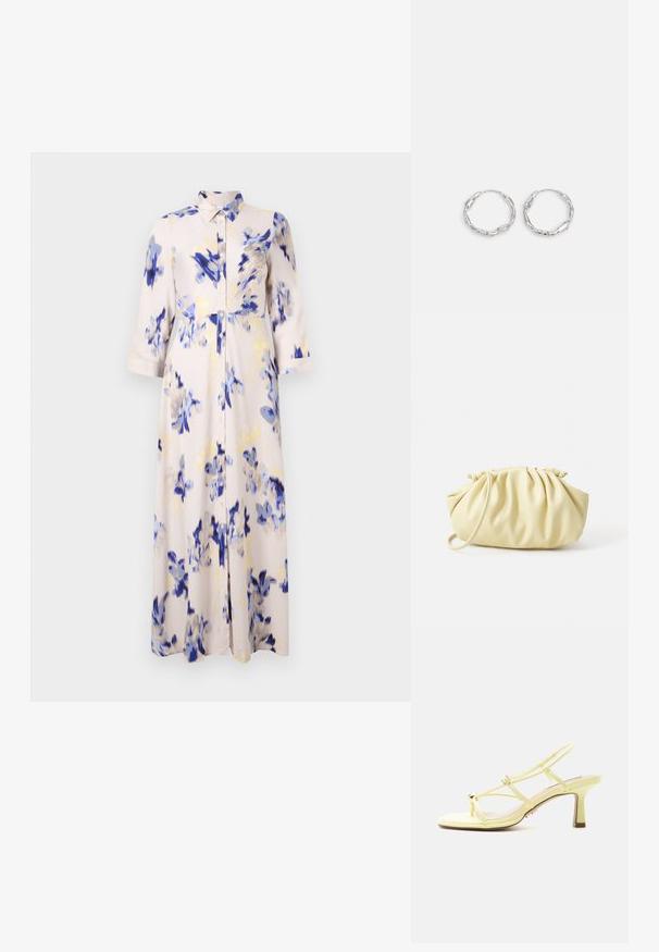 Ein florales langes Kleid mit blauen und gelben Blumendrucken auf einem hellen Hintergrund, mit geknöpftem Frontverschluss und kragenförmigem Ausschnitt.; Gelbe Riemchen-Sandale mit verstellbarer Schnalle und mittelhohem schlankem Absatz auf weißem Hintergrund.; Gelbe, gefaltete Handtasche aus glattem Kunstleder mit weicher Form, einzigem Schulterriemen und gerafftem Oberteil.; Silberne Creolen mit einer welligen, unregelmäßigen Textur. Besitzen eine dünne, kreisförmige Form und eine reflektierende Oberfläche.