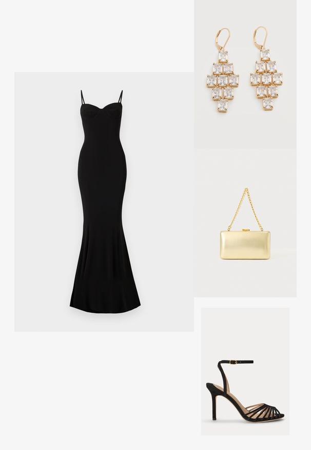 Robe noire ajustée avec des bretelles spaghetti et un décolleté en coeur ; texture lisse, ourlet évasé et sans motifs ni ornements visibles.; Sandale à talon haut noire avec bout ouvert, plusieurs fines lanières à l'avant, et une bride de cheville réglable avec une boucle dorée.; Pochette rectangulaire dorée à finition brillante, fermoir en métal et courte anse en chaîne dorée sur un fond uni clair.; Boucles d'oreilles pendantes ton or avec des cristaux clairs rectangulaires disposés en un motif géométrique en étages et des fermoirs à levier.