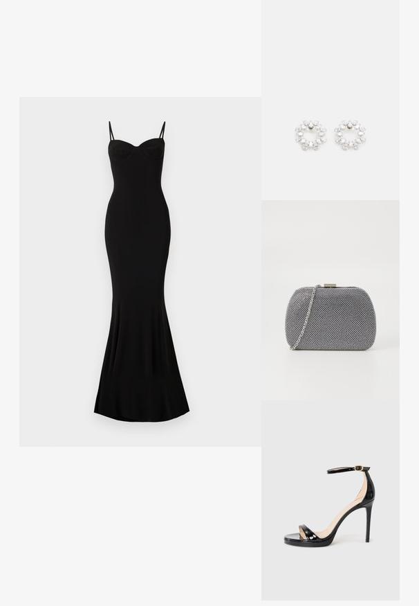 Robe noire ajustée avec des bretelles spaghetti et un décolleté en coeur ; texture lisse, ourlet évasé et sans motifs ni ornements visibles.; Sandale à talon haut en cuir verni noir avec une bride de cheville et une boucle dorée, bout ouvert et talon stilettos fin, sur un fond uni.; Pochette texturée noir et blanc de forme arrondie, avec une chaîne en métal argenté et un fermoir en métal en haut.; Boucles d'oreilles circulaires en métal, ornées de plusieurs pierres transparentes et facettées disposées dans un motif étincelant. Incolores et réfléchissantes.