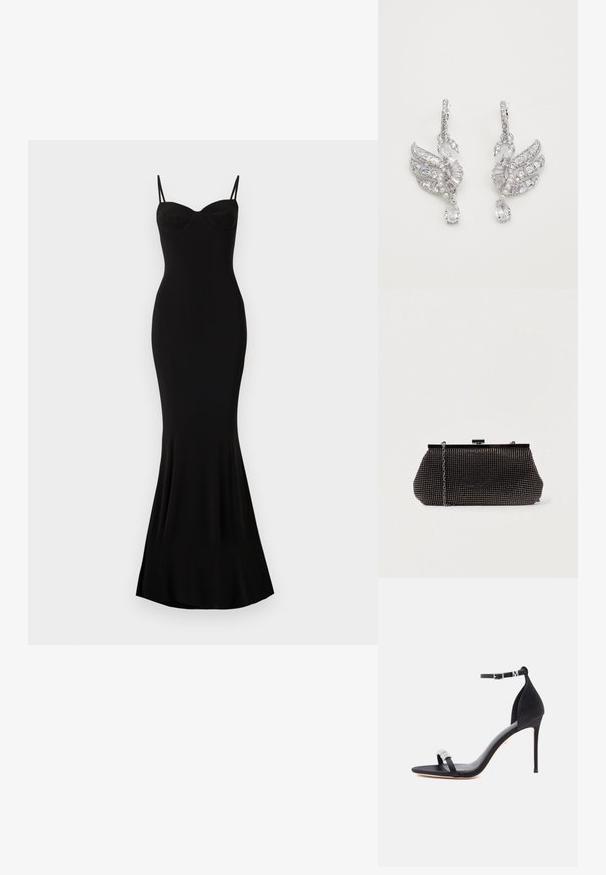 Robe noire ajustée avec des bretelles spaghetti et un décolleté en coeur ; texture lisse, ourlet évasé et sans motifs ni ornements visibles.; Sandale à talon haut en satin noir avec une sangle fine, une boucle à la cheville et un accent décoratif en strass sur la bride avant.; Pochette noire en mesh avec une silhouette structurée, ornée de petits clous métalliques, dotée d'une fermeture à clip et d'une bandoulière en chaîne détachable.; Boucles d'oreilles en argent en forme de cygnes, ornées de cristaux transparents, d'accents en perles et d'un design pendant avec une gemme en forme de goutte.