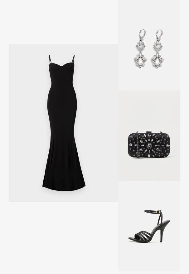 Robe noire ajustée avec des bretelles spaghetti et un décolleté en coeur ; texture lisse, ourlet évasé et sans motifs ni ornements visibles.; Sandales à talons hauts noires avec des lanières, une fine sangle à la cheville, un bout ouvert et une finition lisse. Présente un talon élancé et un design de lanières texturées.; Pochette noire de forme rectangulaire, ornée de divers strass disposés en motifs floraux, dotée d'une chaîne en argent pour le transport.; Boucles d'oreilles en métal argenté ornées de plusieurs pierres précieuses en cristal transparent en forme de goutte et de marquise, avec des fermoirs à levier et des détails complexes.