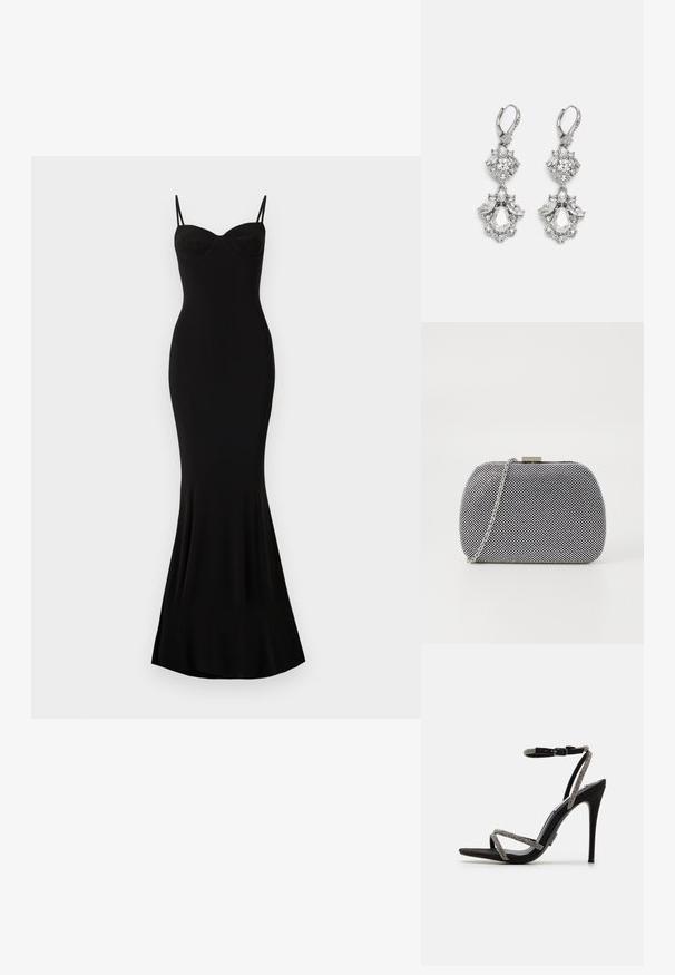 Robe noire ajustée avec des bretelles spaghetti et un décolleté en coeur ; texture lisse, ourlet évasé et sans motifs ni ornements visibles.; Sandale noire à talons hauts avec des fines lanières ornées de bijoux et une boucle au niveau de la cheville. Matériau en daim, bout ouvert et silhouette fine et pointue.; Pochette texturée noir et blanc de forme arrondie, avec une chaîne en métal argenté et un fermoir en métal en haut.; Boucles d'oreilles en métal argenté ornées de plusieurs pierres précieuses en cristal transparent en forme de goutte et de marquise, avec des fermoirs à levier et des détails complexes.