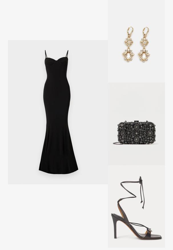 Robe noire ajustée avec des bretelles spaghetti et un décolleté en coeur ; texture lisse, ourlet évasé et sans motifs ni ornements visibles.; Sandale noire à talon haut avec fines lanières enveloppant la cheville, bout ouvert et anneaux décoratifs argentés sur la bride avant, sur fond blanc.; Pochette noire ornée de rhinestones ronds et ovales de différentes tailles, avec une chaîne en argent et un fermoir.; Boucles d'oreilles pendantes dorées présentant un design en grappe avec des cristaux clairs ronds et en forme de goutte, mettant en valeur des détails élaborés.