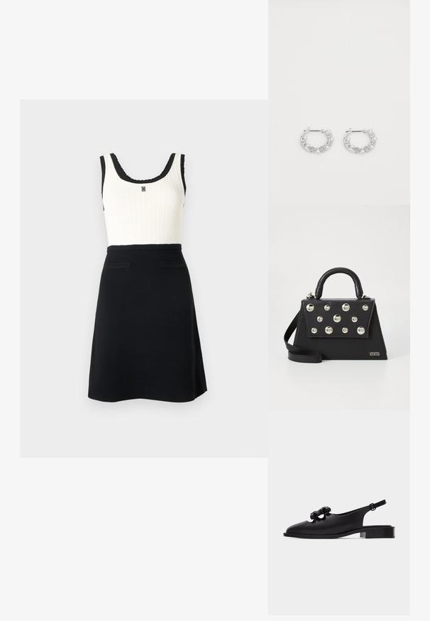 Robe sans manches noire et blanche avec haut blanc côtelé, bordure noire, emblème décoratif sur la poitrine, et jupe trapèze noire unie avec deux poches avant.; Chaussure slingback plate en cuir noir avec petit talon et trois nœuds décoratifs sur le dessus, vue latérale sur fond blanc.; Sac à main noir avec une forme structurée, doté d'une poignée supérieure, d'une bandoulière et de clous décoratifs en métal à l'avant.; Boucles d'oreilles en argent en forme de créoles avec des accents de perles et de cristaux, présentant une surface texturée et une fermeture à tige sécurisée.
