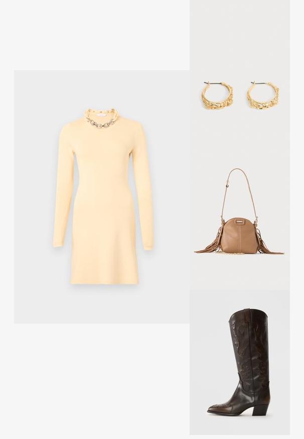 Rabanne Vestido de tubo - cream; Botas western de cuero marrón oscuro, hasta la mitad de la pantorrilla, con punta afilada, tacón bajo y apilado, y costura floral decorativa en el caño y la punta.; Pequeño bolso de cuero color cuero claro con correa larga, detalle de cadena dorada y flecos en ambos lados sobre un fondo neutro.; Par de pendientes de aro en tono dorado con grabados ornamentales de flores y hojas sobre un fondo neutro.