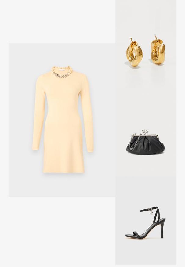 Rabanne Vestido de tubo - cream; Sandalia de tacón alto negra con una estrecha correa en el tobillo, punta cuadrada, material de cuero liso y detalle de hebilla metálica.; Clutch de cuero negro con textura arrugada, marco de metal en tono plateado, cierre de beso y cadena para colgar. Superficie suave y lisa.; Pendientes de aro grueso en oro con un diseño tubular ligeramente retorcido y cierre de presión, sobre un fondo blanco.