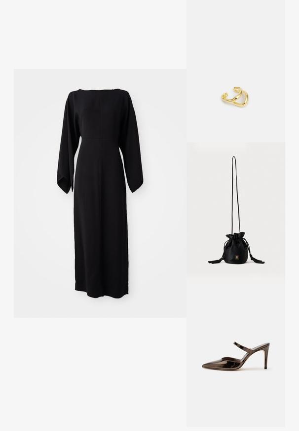 Vestido negro de manga larga con corte recto, con un escote barco y textura suave y lisa. Sin patrones visibles ni detalles de hardware.; Mule de tacón alto de punta estrecha de color marrón oscuro brillante con una tira delgada sobre el empeine sobre un fondo blanco liso.; Bolso tipo bucket negro con cordón, con una correa larga y delgada y un pequeño logo cuadrado dorado en la parte delantera, mostrado sobre un fondo liso.; Maria Black RIVER EARCUFF - Pendientes - gold-coloured