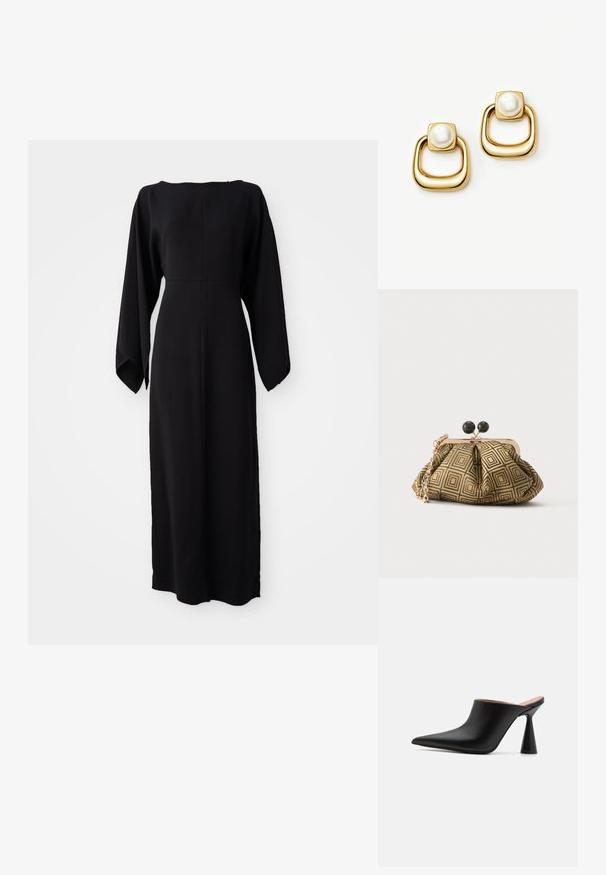 Vestido negro de manga larga con corte recto, con un escote barco y textura suave y lisa. Sin patrones visibles ni detalles de hardware.; Mules de cuero negro con punta afilada y un singular tacón en forma de cono. Textura suave y diseño minimalista, con parte trasera abierta para facilitar su uso.; Pequeño bolso de mano con patrón geométrico en dorado y negro, marco metálico dorado, cierre de bola negro y una corta correa de cadena dorada.; Pendientes en tono dorado con parte superior cuadrada que presentan grandes perlas blancas y aros gruesos, redondeados y abiertos con forma cuadrada debajo.
