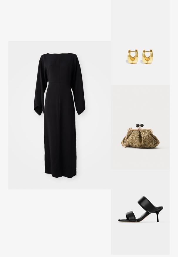 Vestido negro de manga larga con corte recto, con un escote barco y textura suave y lisa. Sin patrones visibles ni detalles de hardware.; Sandalia mule de cuero negro con dos tiras anchas y un tacón de aguja delgado de altura media sobre un fondo claro y sencillo.; Pequeño bolso de mano con patrón geométrico en dorado y negro, marco metálico dorado, cierre de bola negro y una corta correa de cadena dorada.; Pendientes de aro de oro con un diseño elegante y redondeado. Presentan un centro hueco y una superficie brillante, complementando estilos modernos.