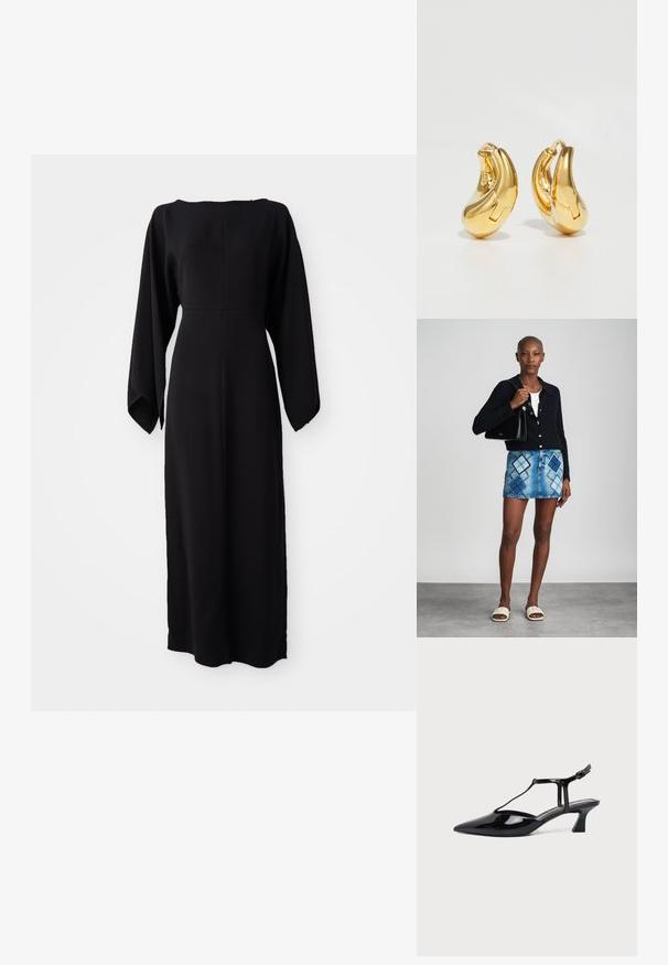 Robe noire à manches longues avec une coupe droite, dotée d'un décolleté bateau et d'une texture douce et lisse. Pas de motifs visibles ni de détails en métal.; Chaussure slingback en cuir verni noir à bout pointu avec bride en T et petit talon bloc incliné sur fond blanc.; Un cardigan en maille noir, un haut blanc, une jupe en denim avec un motif de diamants bleus et noirs, un sac à main noir et des sandales à enfiler beiges.; Boucles d'oreilles en or en forme de d'anneaux lisses et courbés avec une finition polie. Équipées d'un mécanisme de fermeture et de légères indentations pour le détail.