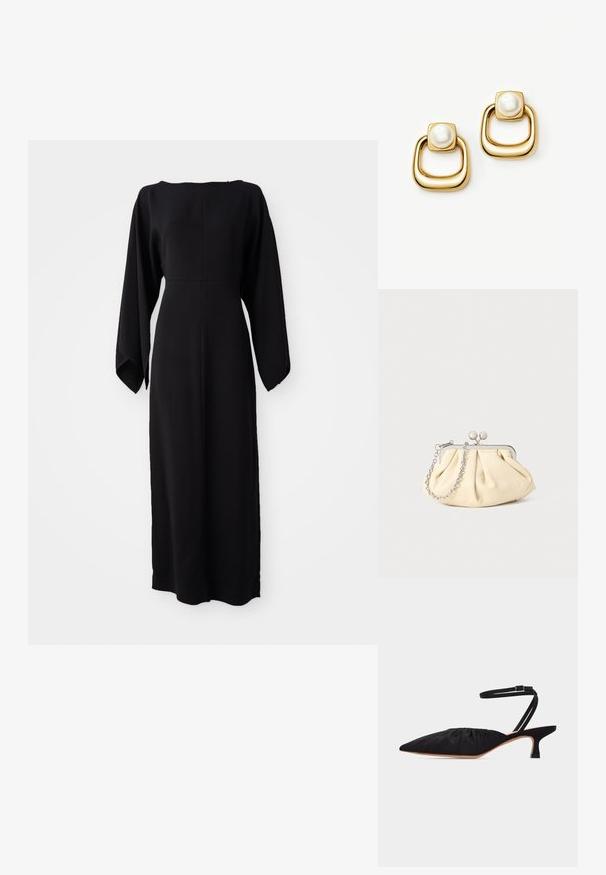 Robe noire à manches longues avec une coupe droite, dotée d'un décolleté bateau et d'une texture douce et lisse. Pas de motifs visibles ni de détails en métal.; Chaussure noire à talon bas et bout pointu avec dessus froncé et fine bride de cheville à boucle, vue de profil sur fond blanc.; Pochette en cuir beige plissé avec un cadre en métal argenté, dotée de deux fermoirs ronds décoratifs et d'une chaîne en argent.; Boucles d'oreilles dorées avec des dessus carrés ornés de grandes perles blanches et des créoles épaisses, arrondies et ouvertes en forme de carré en dessous.