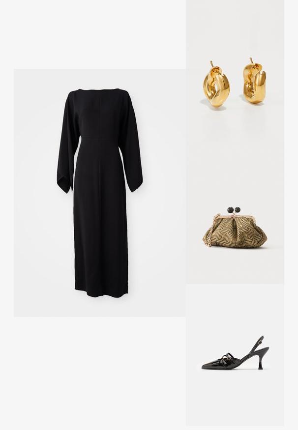 Vestido negro de manga larga con corte recto, con un escote barco y textura suave y lisa. Sin patrones visibles ni detalles de hardware.; ALOHAS JOELLE ONIX - Tacones - black; Pequeño bolso de mano con patrón geométrico en dorado y negro, marco metálico dorado, cierre de bola negro y una corta correa de cadena dorada.; Pendientes de aro grueso en oro con un diseño tubular ligeramente retorcido y cierre de presión, sobre un fondo blanco.
