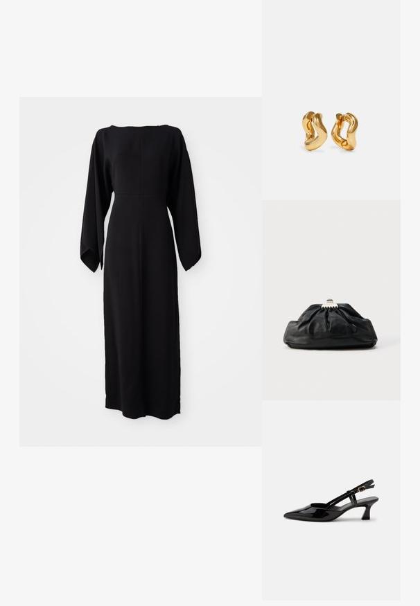 Vestido negro de manga larga con corte recto, con un escote barco y textura suave y lisa. Sin patrones visibles ni detalles de hardware.; Zapato slingback de charol negro con tacón bajo, punta puntiaguda y correa ajustable con hebilla dorada sobre fondo blanco.; Bolso de mano de cuero negro con textura recogida, cierre de broche metálico y logo en relieve sutil en el frente. Forma redondeada.; Pendientes de aro en tono dorado con un diseño ondulado, que presentan una superficie lisa y brillante y una forma aerodinámica. Sin cierres visibles.