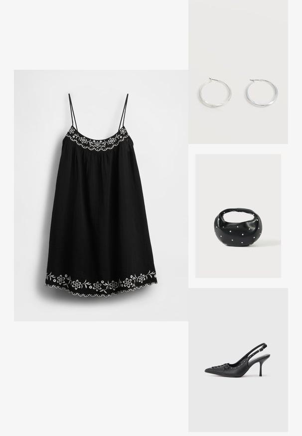 Musta mekko säädettävillä spagettihihnoilla, jossa on valkoinen kukkaismbroderia ja aaltoileva helma alaosassa. Kankaan pinta on teksturoitu.; Musta nahkainen slingback-korkokenkä, jossa on teräväkärkinen muotoilu, sivun solkikiinnitys, niittejä reunoilla ja koristeellinen nyöri edessä.; Musta nahkainen käsilaukku, jossa on pyöreä muoto, koristeltu hopeisilla niittikoristeilla ja lyhyt kahva. Sileä pinta ja vetoketjullinen suljenta.; Hopeiset metalliset renkaskorvakorut, joissa on sileä, hieman kaareva pinta ja lukolliset takakiinnitykset yksinkertaisella valkoisella taustalla.
