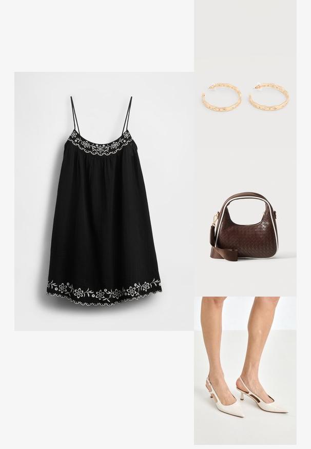 Robe d'été noire avec bretelles spaghetti réglables, ornée de broderies florales blanches et d'un ourlet festonné le long du bord inférieur. Tissu texturé.; Escarpins à talon slingback en cuir verni beige avec un bout pointu et un talon de 5 cm, présentant des côtés découpés et une fine bride à la cheville.; Sac à main en cuir tressé marron avec passepoil blanc, fermeture éclair dorée et bandoulière amovible en tissu marron.; Boucles d'oreilles créoles ton or avec un design ondulé irrégulier et des accents de cristaux clairs incrustés, fixées par des clous à dos en plastique.