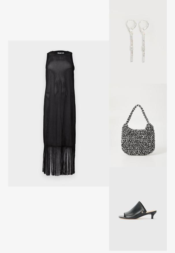 Vestido negro sin mangas hecho de tela de malla transparente, con un corte recto y un dobladillo con flecos que añade movimiento al diseño.; Mules de cuero negro de punta abierta con un tacón bajo. Presentan una superficie lisa y un acento del logo dorado en el costado.; Bolso de mano tejido en blanco y negro con forma redondeada, superficie texturizada y asa trenzada. Adecuado para uso casual.; Pendientes colgantes de plata con cristales transparentes rectangulares y redondos en una línea vertical, asegurados con cierres tipo leverback.