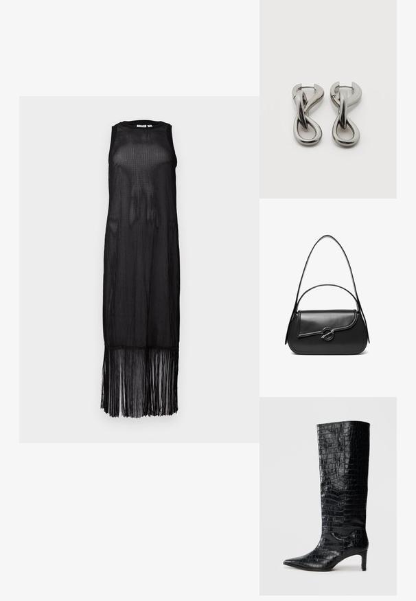 Vestido negro sin mangas hecho de tela de malla transparente, con un corte recto y un dobladillo con flecos que añade movimiento al diseño.; Botas negras de media caña con textura brillante de patrón de cocodrilo, punta afilada y tacón cónico. Material sintético liso.; Bolso de hombro de cuero negro con una solapa curva asegurada por un broche metálico redondo y una correa delgada y ajustable.; Par de pendientes de metal con acabado plateado y diseño abstracto de bucles entrelazados sobre un fondo blanco.