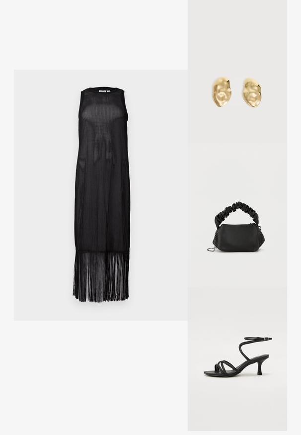 Sort ærmeløs kjole lavet af gennemsigtig mesh-stof, med en lige skæring og en frynsede kant, der tilføjer bevægelse til designet.; Even&Odd Wide Fit by Zalando Sandaler - black; Sort skuldertaske med en rund form, lavet af glat materiale. Har et blødt, skrumpet håndtag og en metalsnorrem til alsidighed.; Par skinnende, ujævnt formede øreringe af guldmetal med en krøllet, glat overflade på en ensartet lys baggrund.