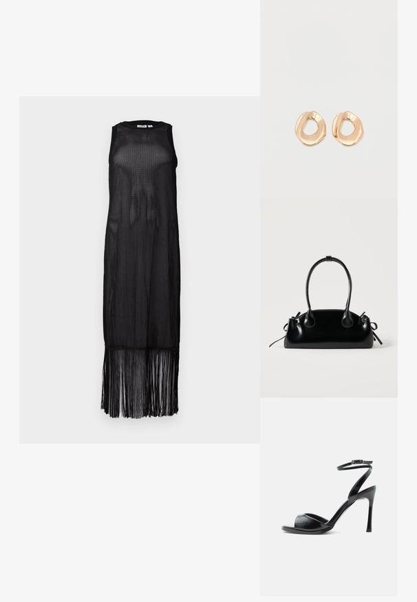 Schwarzes ärmelloses Kleid aus transparenter Mesh-Optik, mit geradem Schnitt und einem fransigen Saum, der dem Design Bewegung verleiht.; Schwarze Sandalette mit hohem Absatz, offenem Zehenbereich, schlankem Stiletto-Absatz und Knöchelriemen mit Schnalle vor weißem Hintergrund.; Kleine schwarze glänzende Handtasche mit zwei langen Griffen und seitlichen Kordelzug-Details vor einfachem hellem Hintergrund.; Paar unregelmäßig geformter, polierter Creolen aus goldfarbenem Metall mit offenem Zentrum auf weißem Hintergrund.