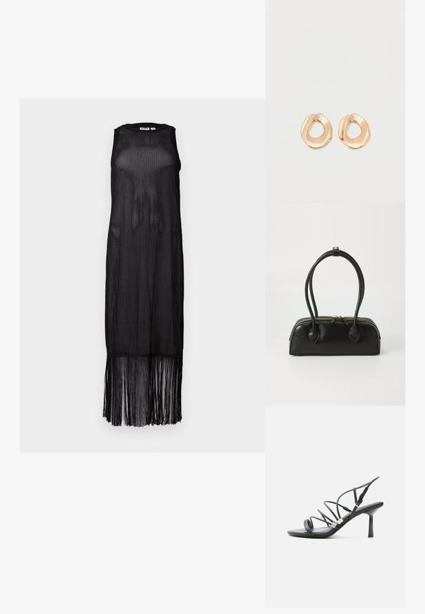 Vestido negro sin mangas hecho de tela de malla transparente, con un corte recto y un dobladillo con flecos que añade movimiento al diseño.; Sandalia negra de tacón alto con tiras finas y curvas, detalles plateados y una hebilla ajustable en el tobillo sobre un fondo blanco.; Bolso de mano de cuero negro con dos asas alargadas, cierre de cremallera y forma redondeada; textura suave con un acabado ligeramente brillante.; Par de pendientes de aro de metal en tono dorado pulido, de forma irregular y con centro abierto, sobre un fondo blanco liso.
