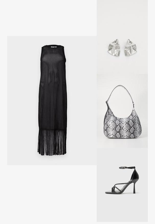 Schwarzes ärmelloses Kleid aus transparenter Mesh-Optik, mit geradem Schnitt und einem fransigen Saum, der dem Design Bewegung verleiht.; Schwarze Lackleder-Stiletto-Sandalette mit Knöchelriemen, ausgestattet mit überkreuzten Riemen und einer eleganten spitzen Zehenform.; Schultertasche im schwarz-weißen Schlangenprint mit runder Form, glatter Textur und gebogenem Tragegurt. Mit einem silbernen Hardware-Akzent.; Silberne Metallohrringe mit einem wellenförmigen, skulpturalen Design, das eine polierte Oberfläche und unregelmäßige Formen aufweist, die eine zeitgenössische Ästhetik betonen.