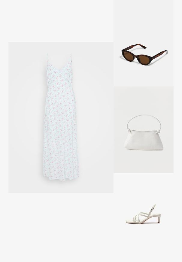 Florales Midikleid in Hellblau mit kleinen rosa und grünen Mustern. Verstellbare Träger, V-Ausschnitt und fließender Stoff.; Zign by Zalando Pumps - off white; Braune Schildpatt-Sonnenbrille mit einer Vintage-Cat-Eye-Form und braunen Gläsern. Verfügt über gebogene Bügel mit roten Akzenten.; Weiße gewebte Lederhandtasche mit abgerundetem Griff und verknoteten Riemenenden, vor schlichtem Hintergrund präsentiert.