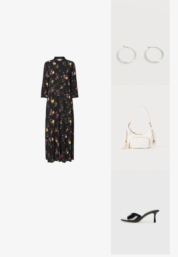 Zwarte bloemen maxi-jurk met een kraag, voorzien van roze, gele en groene bloemenpatronen, lange mouwen en een knoopsluiting aan de voorkant.; Zwarte leren hoge hakken mules met een open teen ontwerp en een brede, gebogen bovenband. Gladde textuur en gestroomlijnde silhouette.; Witte handtas met een korte schouderband, gestructureerde oppervlakte, meerdere ritszakken en accenten in goudkleurige hardware. Compact en modern ontwerp.; Zilverkleurige metalen creolen oorbellen met een glad, licht gebogen oppervlak en sluitingen met haaksluiting op een effen witte achtergrond.
