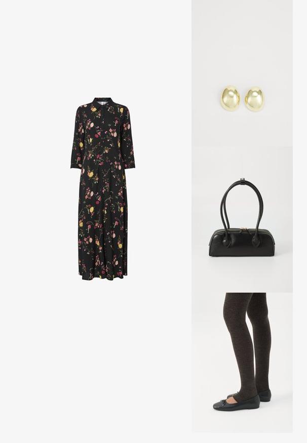 Sort blomster maxi kjole med krave, prydet med pink, gul og grøn blomstermønstre, lange ærmer og knap-lukning foran.; Ben iført mørke ribbede leggings kombineret med sorte balletsko med små sløjfedetaljer på hvid baggrund.; Sort læder håndtaske med to langstrakte håndtag, lynlåslukning og afrundet form; glat tekstur med en subtil blank finish.; Guldtonede metalstudøreringe med en glat, rund form og poleret overflade. Simpelt design uden yderligere dekorationer.