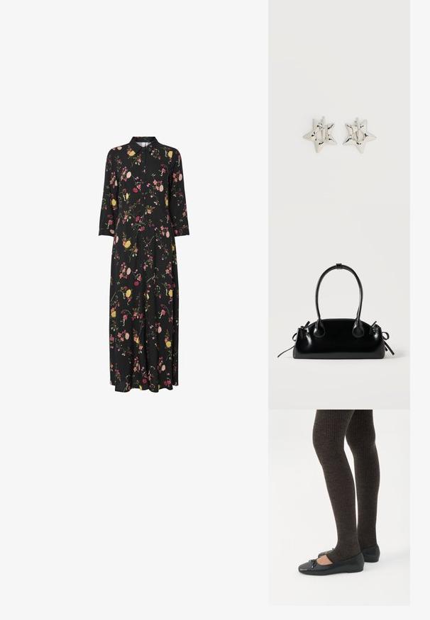 Zwarte bloemen maxi-jurk met een kraag, voorzien van roze, gele en groene bloemenpatronen, lange mouwen en een knoopsluiting aan de voorkant.; Benen met donkere geribbelde leggings gecombineerd met zwarte ballerina's met kleine strikdetails op een witte achtergrond.; Kleine zwarte glanzende handtas met twee lange hengsels en zijkant trekkoord details op een effen lichte achtergrond.; Zilverkleurige stervormige oorringen met een gladde, gepolijste afwerking op een effen witte achtergrond.