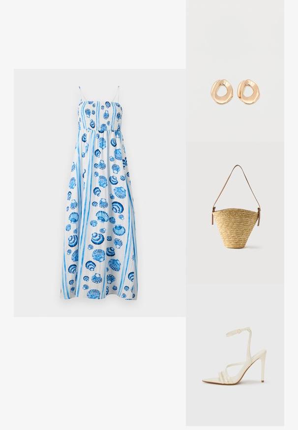 Maxi kjole i let stof, med en smocket liv, blå skal mønstre og tynde stropper. Lodrette blå striber fremhæver designet.; Beige sandaler med høje hæle og spids tå, med tre stropper foran og en tynd ankelrem med spænde. Glat tekstur, minimalistisk design.; Flettet stråtaske med bred bund, smal top og justerbar brun læder skulderrem.; Par af uregelmæssigt formede, polerede øreringe i guldfarvet metal med åben midte på en ens hvid baggrund.