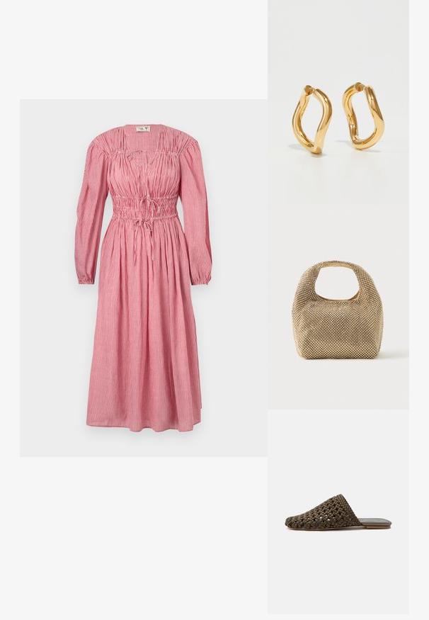Rød og hvid stribet midi-kjole med lange ærmer, samlet bryststykke og justerbar snøre i taljen. Blødt stof med tekstureret overflade.; Brun vævet slip-on mule med flad sål og lukket rundet tå på hvid baggrund.; Lille håndtaske i guldtone dækket af skinnende runde nitter med kort håndtag og rektangulært udskåret hul øverst.; Guldfarvede hoops øreringe med en buet, uregelmæssig form og en glat, poleret overflade. Ingen synligt hardware eller dekorationer.