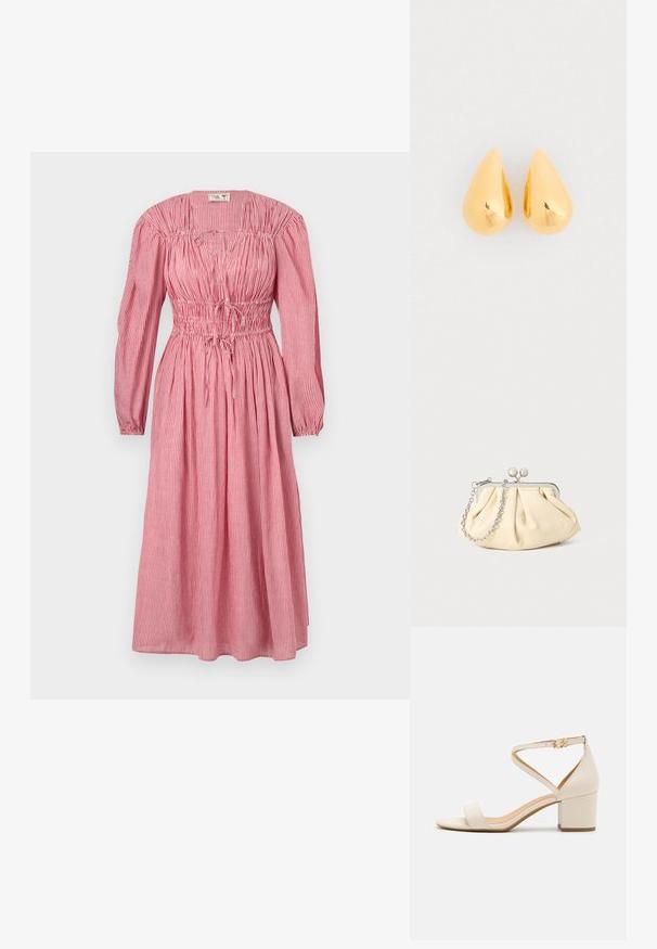 Rød og hvid stribet midi-kjole med lange ærmer, samlet bryststykke og justerbar snøre i taljen. Blødt stof med tekstureret overflade.; Beige blokhælede sandaler med et minimalistisk design, åben tå og justerbar ankelrem med en guldbelsningsdetalje. Glat tekstur.; Plisseret beige læderclutch med en sølvmetalramme, der har to runde dekorative låse og en sølvkædetrasporte.; Guld dråbeøreringe med en glat, poleret overflade og afrundede bunde, der reflekterer lyset med en skinnende finish.