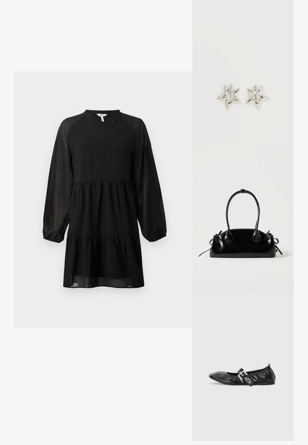 Robe noire avec un décolleté en V, de longues manches transparentes et un design à volants. Fabriquée dans un tissu lisse avec une silhouette fluide.; Chaussure plate en cuir noir avec un nez pointu, des détails froncés autour de l'ouverture et un accent en boucle argentée sur la bride ajustable.; Petit sac à main noir brillant avec deux longues anses et des détails à cordon sur les côtés sur un fond clair uni.; Boucles d’oreilles créoles en forme d’étoile argentée avec une finition lisse et polie sur un fond blanc uni.