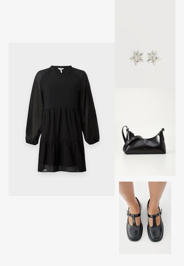 Zwarte jurk met een V-hals, lange doorzichtige mouwen en een gelaagd ontwerp. Gemaakt van een soepele stof met een vloeiende silhoutte.; Zwarte leren schoenen met een T-bandontwerp, gesloten teensluiting en zilverkleurige gespdetails. Glad oppervlak met een ronde neus en platte zool.; Zwarte leren handtas met een gladde textuur. Beschikt over een verstelbare schouderband en een strak, minimalistisch ontwerp met een ritssluiting.; Zilverkleurige stervormige oorringen met een gladde, gepolijste afwerking op een effen witte achtergrond.