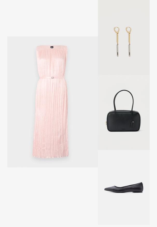 Faltendes, trägerloses Kleid aus zartem rosa Stoff mit eng anliegendem Oberteil und einem silberne Schnalle im Taillenbereich. Glattes, fließendes Rockdesign.; Schwarzer flacher Lederschuh mit spitzer Kappe und niedrigem Absatz, seitlich vor weißem Hintergrund gezeigt.; Schwarze rechteckige Handtasche mit doppelten, abgerundeten Griffen, goldfarbenem Reißverschluss und geprägtem „HUGO“-Logo auf der Vorderseite sowie angebrachtem Lederanhänger.; Gold- und Silber-Tropfenohrringe mit Klappverschluss, bestehend aus einer Goldstange, die mit einer Silberstange verbunden ist, auf der "DKNY" eingraviert ist, vor weißem Hintergrund.