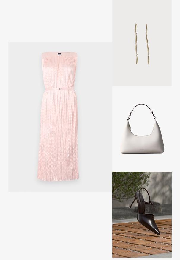 Plissé strapless jurk van zachtroze stof met een aansluitende top en een zilverkleurige gespriem aan de taille. Soepele, vloeiende rok.; Glanzende zwarte hoge hak mule met spitse neus en enkelriem, zwevend boven een oppervlak met terracottategels en grindvoegen.; Romige Calvin Klein leren schoudertas met gebogen bovenrand, zilveren rits en donkerbruine verstelbare riem.; Lange gouden oorbellen bestaande uit vier verlengde gekoppelde gebogen staven op een witte achtergrond.