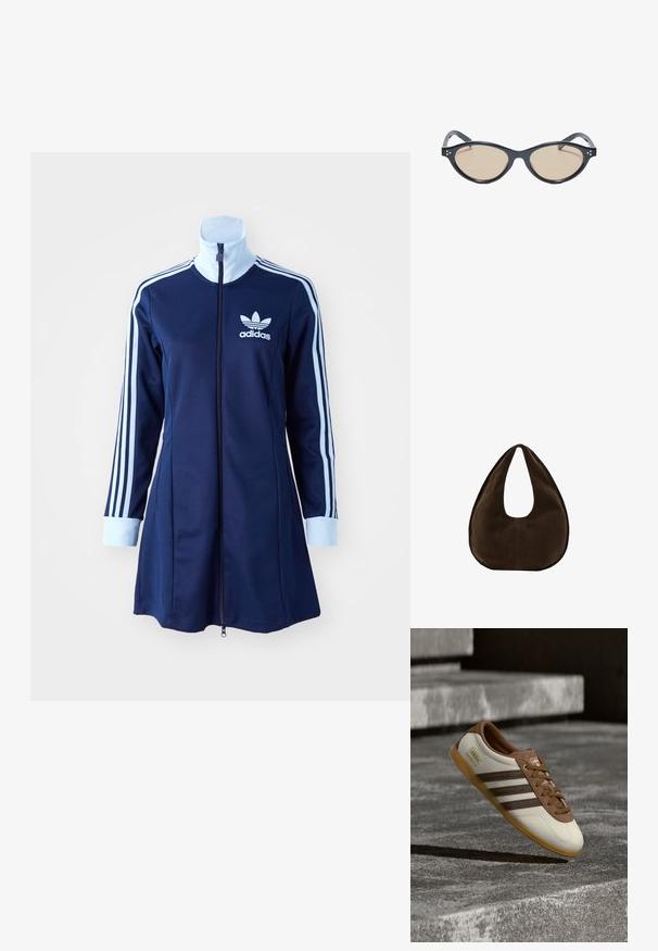 Námornícké adidas šaty na zips s dlhými rukávmi, svetlomodré pruhy pozdĺž rúk a logo na hrudi. Hladká tkanina s športovým dizajnom.; Biela a hnedá teniska Adidas Gazelle s gumovou podrážkou vznášajúca sa nad kamennými schodmi a zemou v exteriéri.; Čierne slnečné okuliare s mačacími očami, s ľahko hnedo sfarbenými sklami a malými ozdobnými bodkami pri pántoch.; Tmavohnedá semišová kabelka v tvare polmesiaca s jedným širokým remienkom a hladkou textúrou na bielom pozadí.