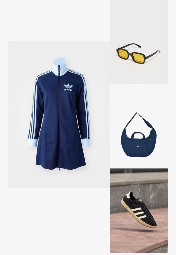 Marineblauwe adidas zip-up jurk met lange mouwen, lichtblauwe strepen langs de armen en logo op de borst. Glad materiaal met een sportief ontwerp.; Zwarte Adidas sneaker met witte strepen en beige zool, vastgelegd in de lucht boven een stenen oppervlak en een stenen muur op de achtergrond.; Zwarte rechthoekige zonnebril met gele lenzen. Kenmerken zijn onder andere dikke monturen en een hoekig ontwerp met een gladde, glanzende afwerking.; Marineblauwe Adidas schoudertas in halvemaanvorm met korte handvatten, verstelbare band en gouden ritsdetails.