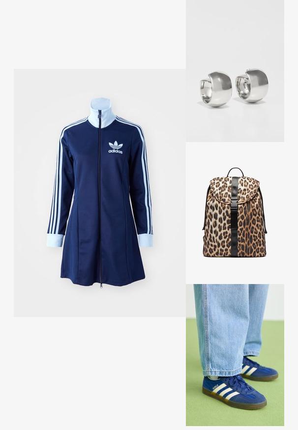 Tummansininen adidas vetoketjullinen mekko pitkillä hihoilla, vaaleansiniset raidat käsivarsilla ja logo rinnassa. Sileä kangas, joka on urheilullisen näköinen.; Siniset mokkanahkakengät valkoisilla raidoilla ja tekstuuripinnoilla, yhdistettyinä vaaleansinisiin farkkuihin, vihreää taustaa vasten.; Repäleopardi-kuvioinen reppu, jossa on läppä suljenta, mustat yksityiskohdat, säädettävä nyöri ja keskikohdan solki. Valmistettu sileästä, teksturoidusta kankaasta.; Uncommon Matters SCULPTURAL LARGE CREOLE - Korvakorut - silver-coloured