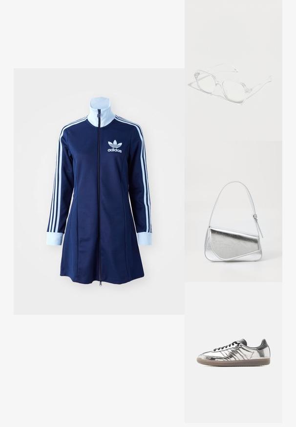 Tumesinine adidas'i kapuutsi kleit pika varrukaga, helesinised triibud käte peal ja logo rinnal. Sile kangas sportliku disainiga.; Madal sportkinga läikiva hõbedase pealse, mustade paelte ja kand, beež kummikummist tallaga, ühel lihtsal heledal taustal.; Läbipaistev ristkülikukujuline prilliraam ja kõrvaosad, asetatud valgele pinnale pehmete varjudega.; Hõbedane metallik käekott kolmnurkse kujuga, sileda tekstuuriga ja õhukese, reguleeritava õlapaelaga. Omab kokkuvolditavat disaini koos õmblustega.