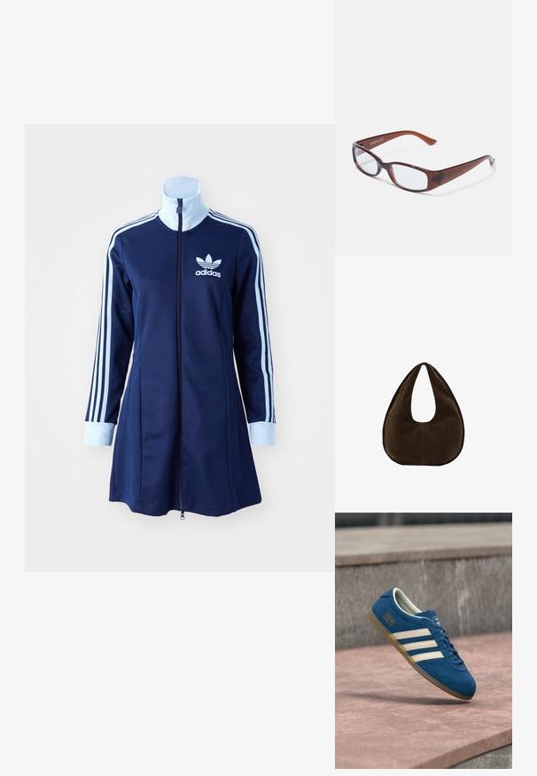 Námornícké adidas šaty na zips s dlhými rukávmi, svetlomodré pruhy pozdĺž rúk a logo na hrudi. Hladká tkanina s športovým dizajnom.; Modrá semišová teniska s krémovými pruhmi a šnúrkami, podrážka z gumy, textúrovaný povrch, zaoblená špička a logo na boku.; Hnedé obdĺžnikové okuliare s lesklým povrchom, s štíhlymi rámami a priehľadnými šošovkami. Logo je viditeľné na ľavom ramene.; Tmavohnedá semišová kabelka v tvare polmesiaca s jedným širokým remienkom a hladkou textúrou na bielom pozadí.