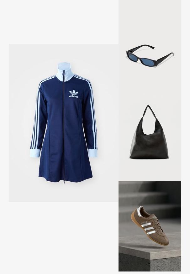 Námornícké adidas šaty na zips s dlhými rukávmi, svetlomodré pruhy pozdĺž rúk a logo na hrudi. Hladká tkanina s športovým dizajnom.; Hnedá semišová teniska s bielymi pruhmi a striebornými akcentmi, s textúrovaným zvrškom, šnurovaním a podrážkou z gumy; Čierne slnečné okuliare s elegantným obdĺžnikovým rámom a modrými sklami. Majú hladký povrch a robustné ramienka. Na strane je logo značky.; Čierna hladká kožená kabelka na rameno s širokým, jediným remienkom a ležérnym, minimalistickým dizajnom na jednoduchom pozadí.