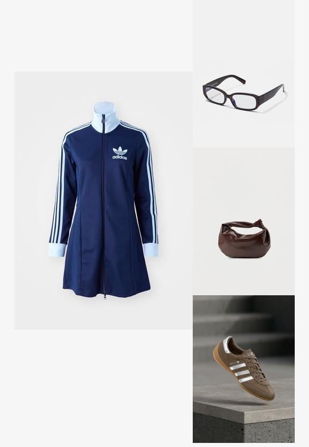 Tumesinine adidas'i kapuutsi kleit pika varrukaga, helesinised triibud käte peal ja logo rinnal. Sile kangas sportliku disainiga.; Pruun seemisnahast toss valgete triipude ja hõbedaste detailidega, millel on tekstureeritud pealiskihiga, paelaga kinnitatav disain ja kummist tallaga.; Pruunist kilpkonnakujulisest raamist valmistatud ristkülikukujulised prillid selgete läätsedega ja peenete käepidemetega, mis näitavad sujuvat tekstuuri ja minimalistlikku disaini.; Tumepruunast nahast õlakott, pehme ja lõdva vormiga, keeratud sõlme tüüpi sangaga, valgel ühevärvilisel taustal.