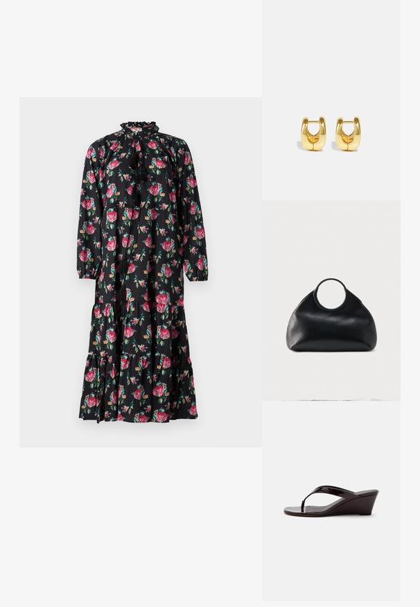 Maxikleid mit floralem Muster in Schwarz, verziert mit pinken Rosen und grünen Blättern. Es hat einen gerafften Ausschnitt, lange Ärmel und ein gestuftes Rockdesign.; Braune Sandale mit Keilabsatz aus Lackleder mit Zehensteg und offenem Zehenbereich, seitlich auf einfarbigem Hintergrund gezeigt.; Schwarze Ledertasche mit abgerundeter Form und rundem Obergriff, der mit passender Ledernaht umwickelt ist.; Goldene Creolen mit einem schlanken, abgerundeten Design. Sie verfügen über eine hohle Mitte und eine glänzende Oberfläche, die moderne Stile ergänzen.