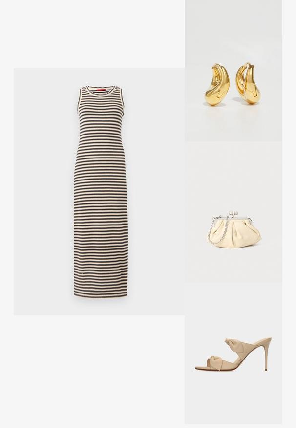 Gestreiftes Maxikleid mit tailliertem Schnitt, ärmellosem Stil und rundem Ausschnitt. Die Farben umfassen Schwarz und Beige in horizontalen Streifen.; Beige offene High-Heel-Pantoffel mit zwei verdrehten Knotenriemen und einem schlanken Stiletto-Absatz vor weißem Hintergrund.; Faltige beigefarbene Ledertasche mit einem silbernen Metallrahmen, ausgestattet mit zwei runden dekorativen Verschlüssen und einem silbernen Kettenriemen.; Goldene Creolen mit einer glatten, geschwungenen Form und polierter Oberfläche. Mit einem Verschlussmechanismus und leichten Einkerbungen für Details.