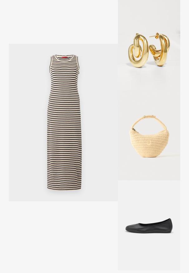 Stribet maxi kjole med tætsiddende design, uden ærmer og rund halsudskæring. Farverne inkluderer sort og beige i vandrette striber.; Sort læderballetsko med rund tå, glat tekstur, minimal syning og et fleksibelt såldesign.; Beige vævet håndtaske med afrundet krop, lynlås, og en kort, tyk strop i en enkel, tekstureret hæklestil.; Charlotte Chesnais BO INITIAL BLOW - Øreringe - gold-coloured